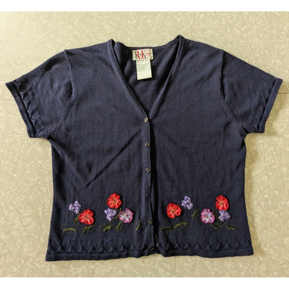 Vintage R&K Original‎ 8P Navy Blue Floral Ribbon Embroidery Cardigan Sweater